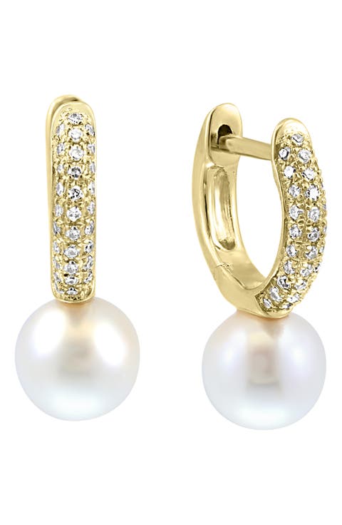 Pavé Diamond Pearl Drop Huggie Hoop Earrings