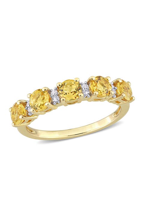 Anillo de eternidad de plata de ley chapada en oro amarillo de 18 quilates con citrino de corte circular y topacio blanco