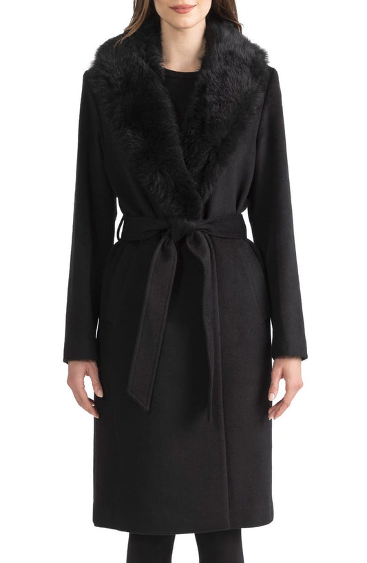 Belted Genuine Shearling Trim Coat