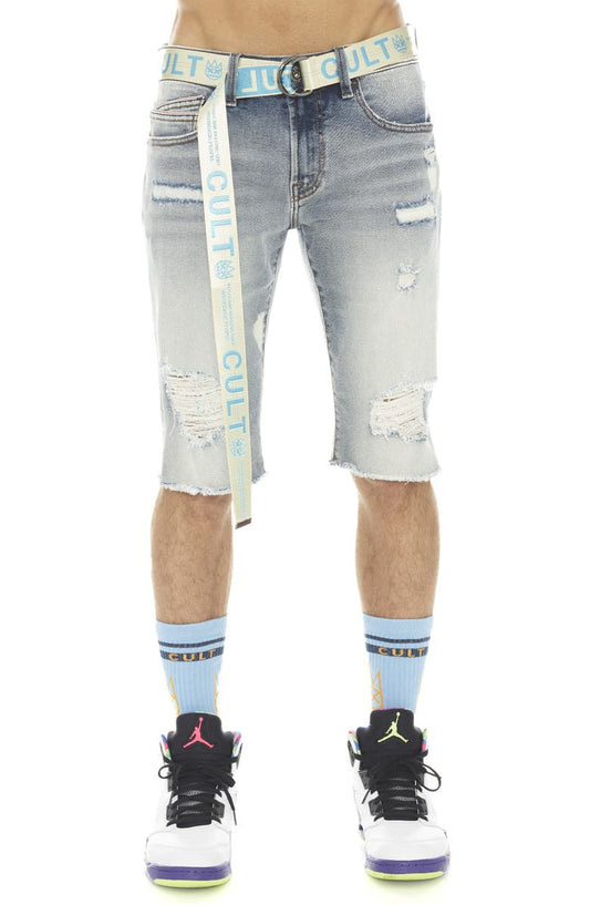 Rocker Belted Slim Fit Stretch Denim Shorts (Bleach)