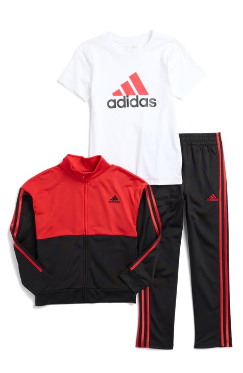 Conjunto de chaqueta, camiseta y pantalones de tricot de tricot colorblock de 3 rayas para niños (niño grande)