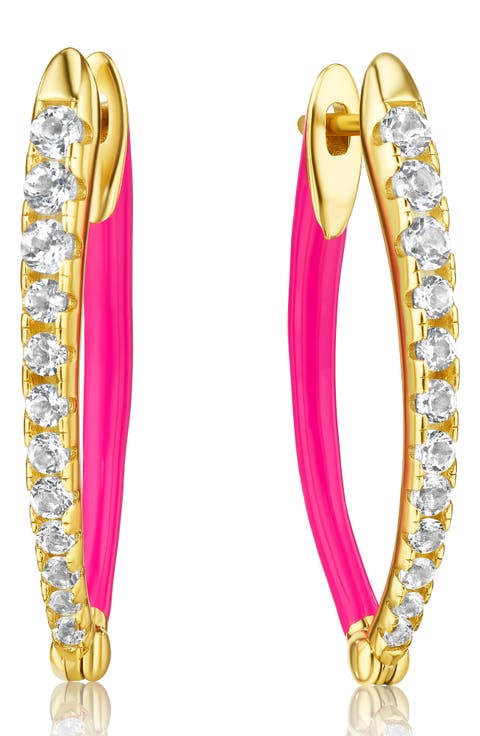 Lolly White Topaz & Pink Enamel Hoop Earrings