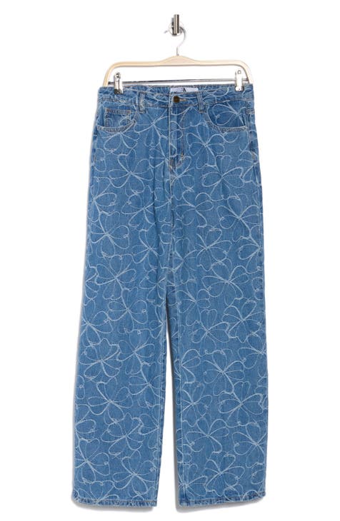 Jeans anchos de cintura alta con bordado floral