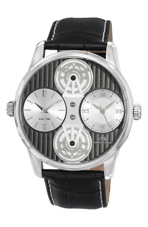 Reloj Benedict con doble movimiento y correa de cocodrilo en relieve, 46 mm