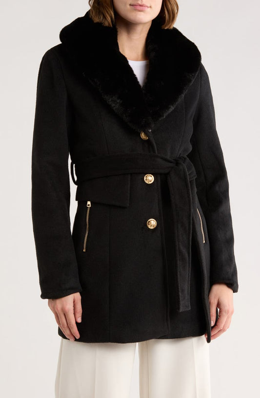 Belted Faux Fur Collar Coat