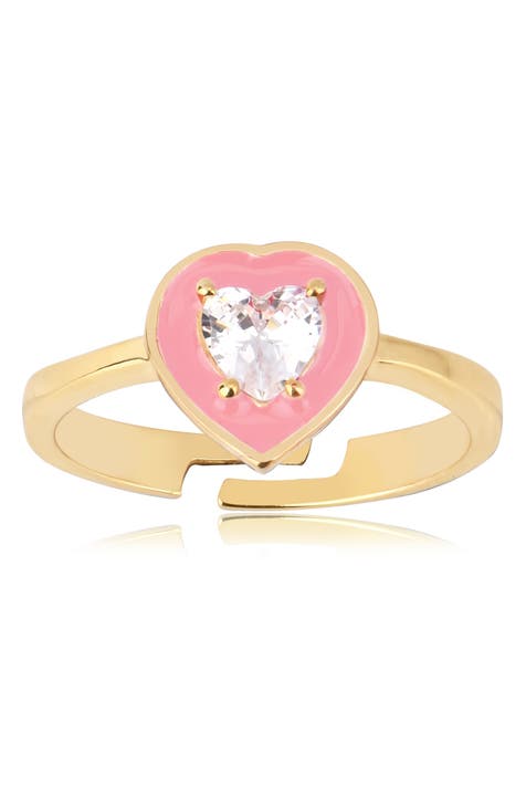 Anillo Ajustable Corazón CZ Esmaltado Rosa de Plata de Ley Chapado en Oro de 14K