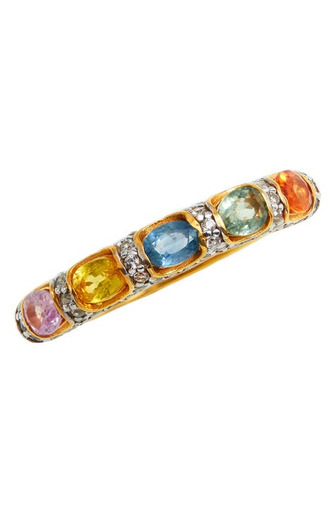 Anillo Zafiro Multicolor Vermeil Oro Amarillo - Talla 7