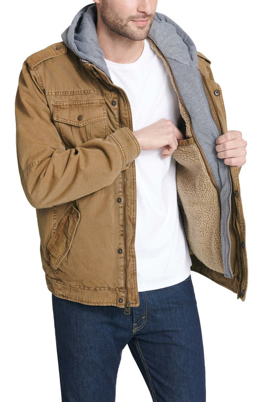 Washed Cotton Faux Shearling Lined Hooded Military Jacket