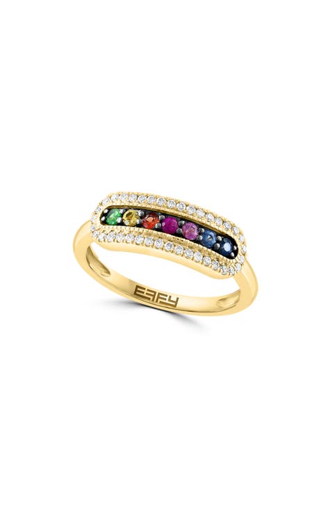 Anillo de oro amarillo de 14 quilates con zafiro multicolor y diamantes - 0,19 ctw.
