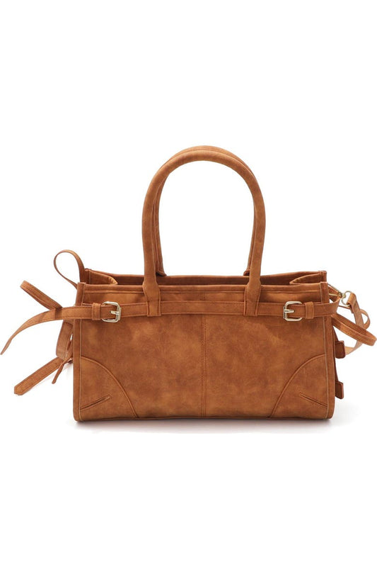 Belted Faux Suede Top Handle Bag