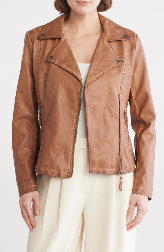 MAXSTUDIO Washed Faux Leather Moto Jacket