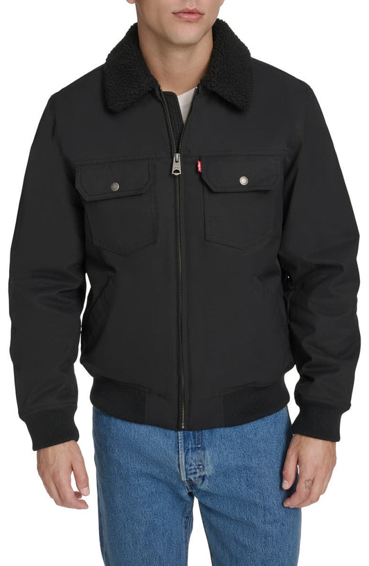 Water Resistant Faux Shearling Collar Canvas Bomber Jacket