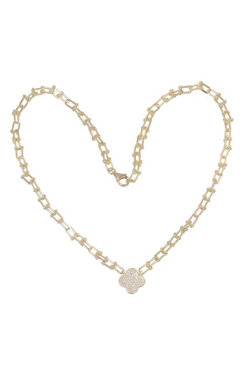14K Gold Plated Sterling Silver Cubic Zirconia Clover Necklace