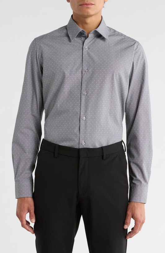 Slim Fit Textured Dot Stretch Cotton Dress Shirt