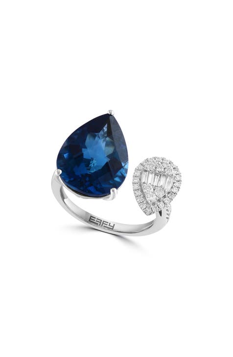 Anillo de oro blanco de 14 quilates con topacio azul de Londres y diamantes - 0,36 ct. - Talla 7