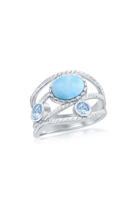 Anillo ovalado de plata de ley con larimar y circonitas