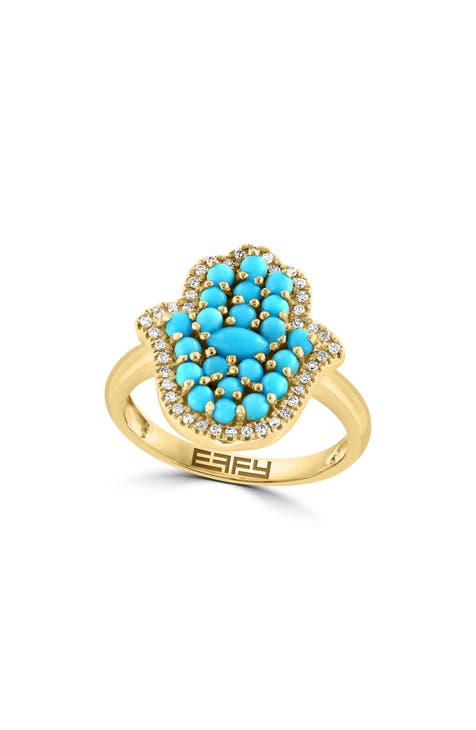Anillo Hamsa Mano Turquesa y Diamante en Oro Amarillo de 14K
