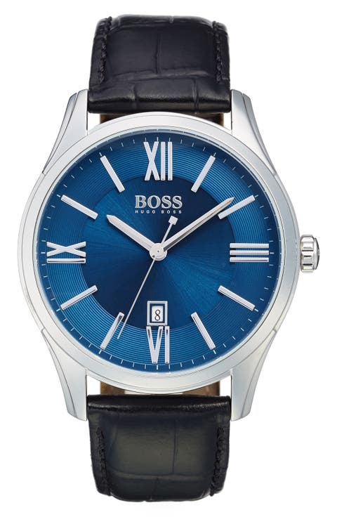 'Ambassador' Embossed Leather Strap Watch, 43mm