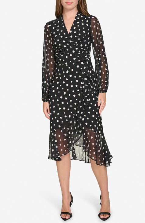 Vestido midi cruzado de gasa de punto con lunares