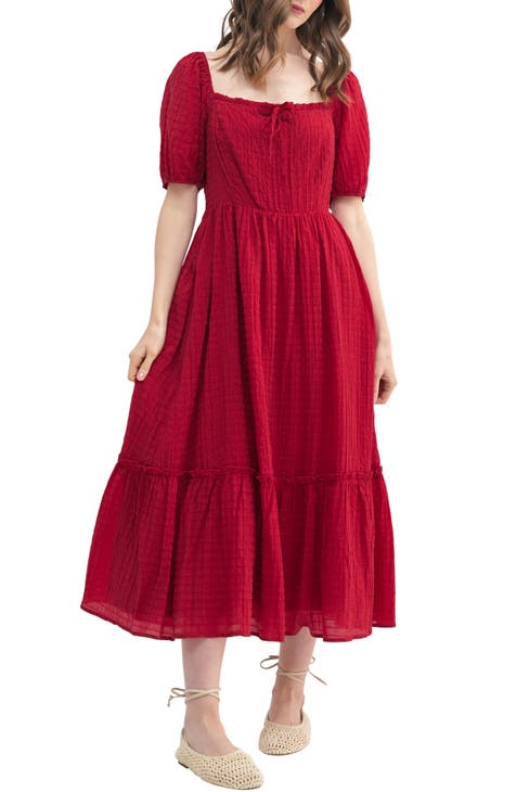 Vestido midi con dobladillo con volantes texturizado y manga abullonada