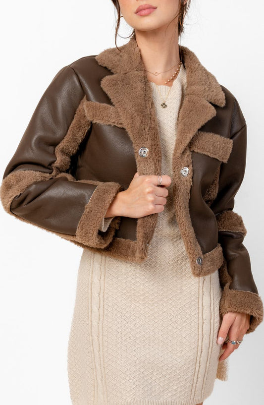 Faux Fur Trim Faux Leather Jacket