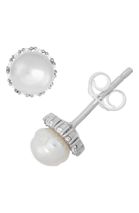 Kids' Sterling Silver Cubic Zirconia & Freshwater Pearl Stud Earrings