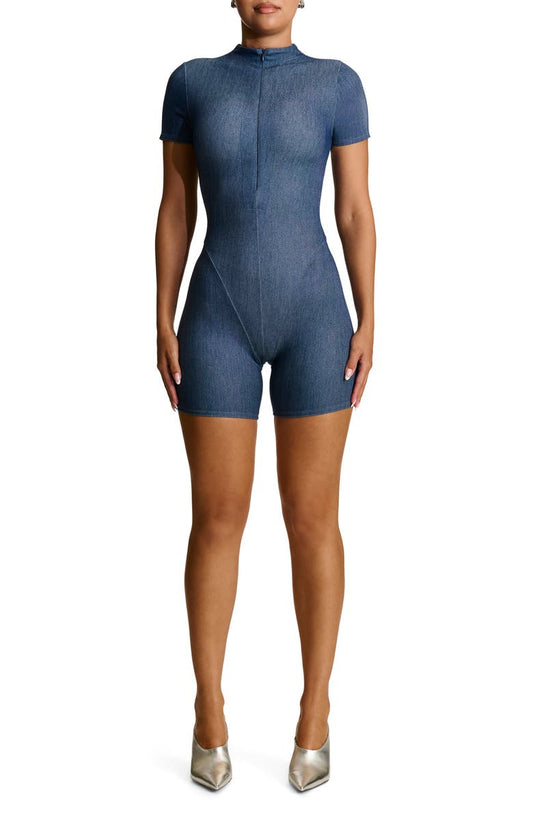 Front Zip Denim Romper