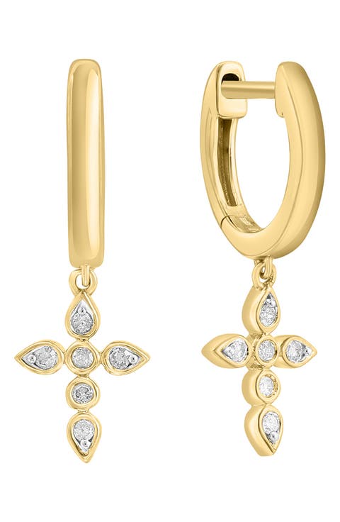14K Gold Plated Sterling Silver Diamond Cross Drop Huggie Hoop Earrings - 0.06ct.