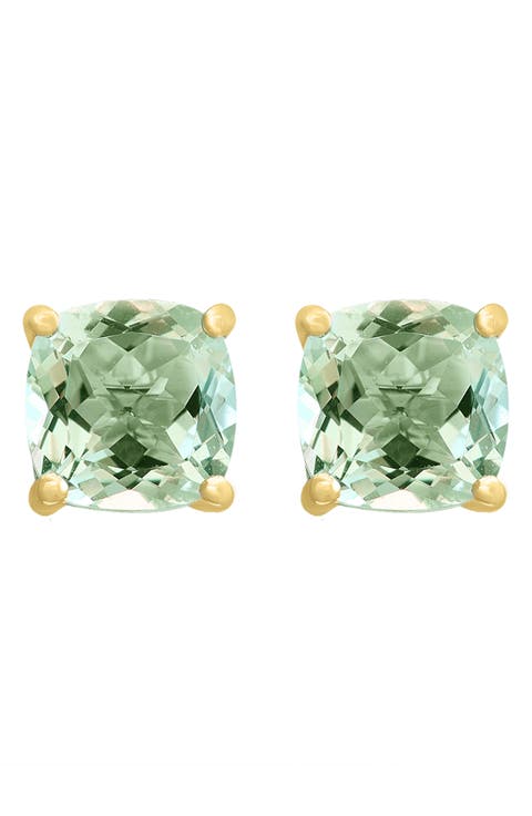 14K Yellow Gold Cushion Cut Green Quartz Stud Earrings