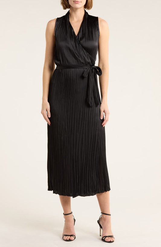Sleeveless Pleated Satin Wrap Dress