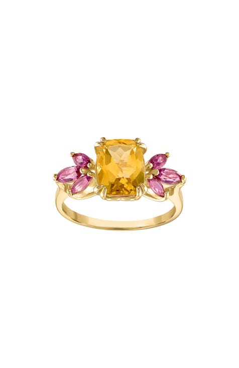 Anillo de oro amarillo de 10 quilates con citrino y topacio rosa