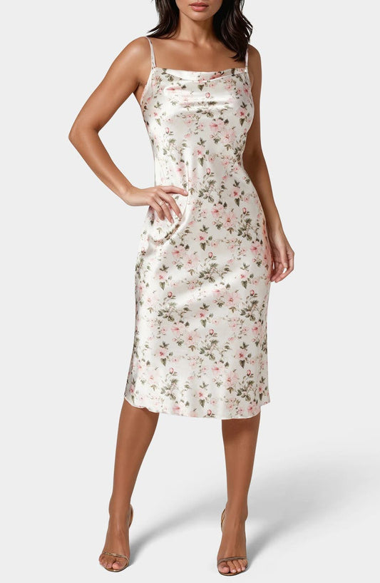 Printed Satin Bias Midi Dress