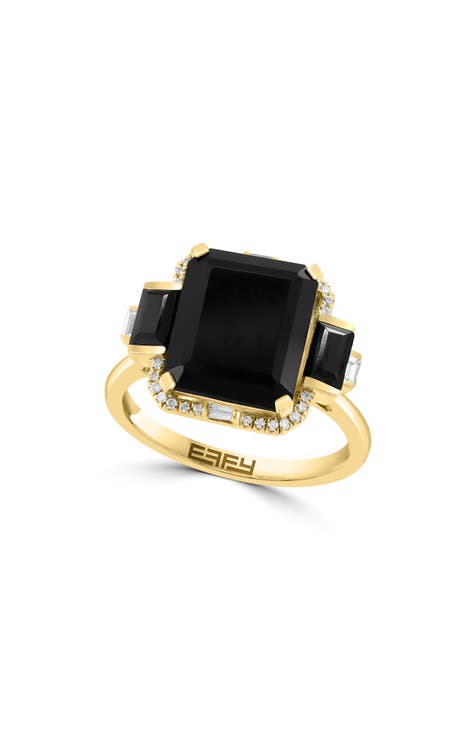 Anillo de oro amarillo de 14 quilates con ónix, espinela negra y diamantes - 0,15 ct.