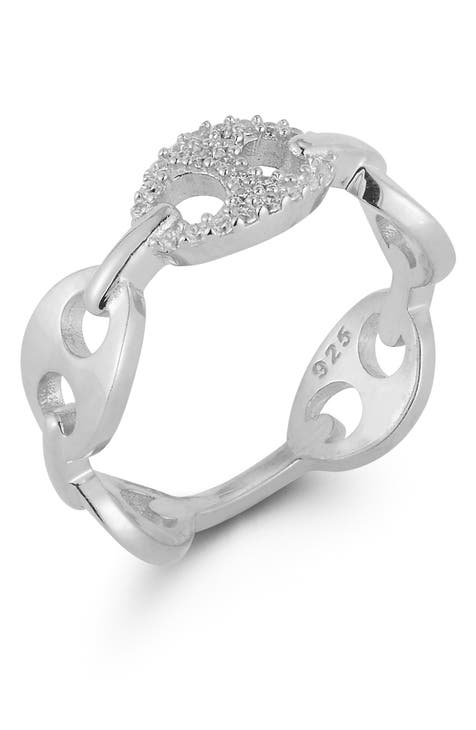 Anillo de plata de ley con eslabón marino abombado de circonita cúbica