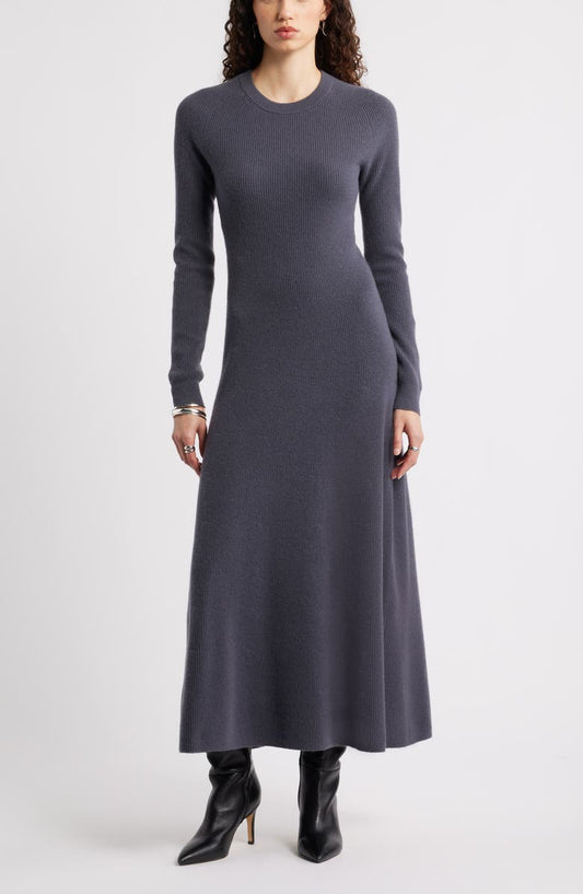 Long Sleeve Wool & Cashmere Rib Maxi Dress