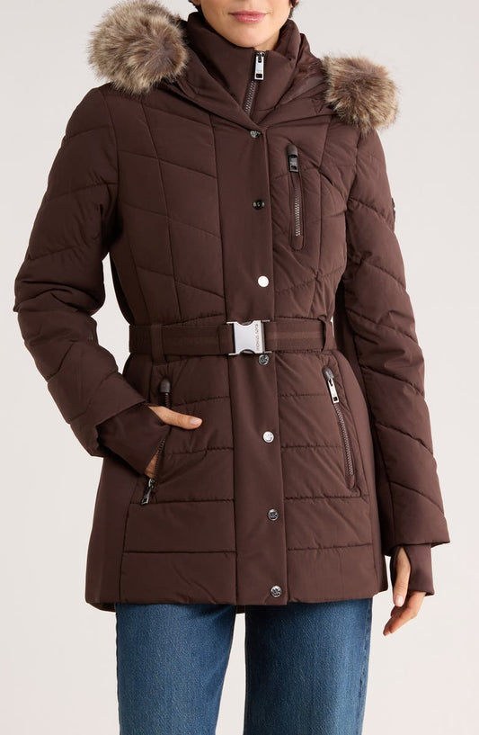 Faux Fur Trim Belted Puffer Jacket