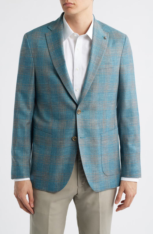 Hampton Teal Plaid Wool & Silk Blend Sport Coat (Regular, Short & Long)