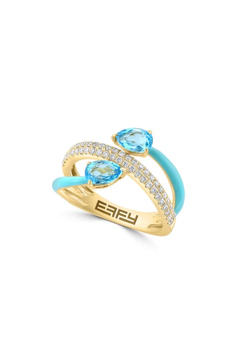 Anillo de oro de 14 quilates con pavé de diamantes y topacio azul - 0,29 ctw.