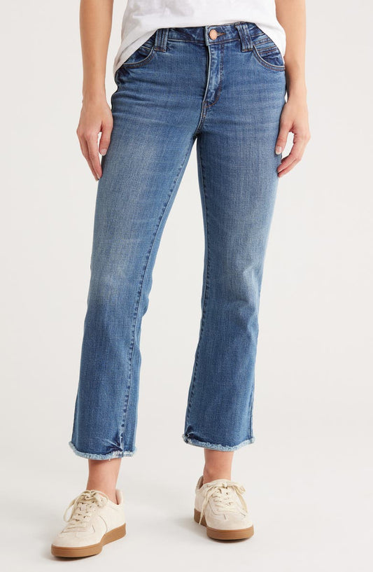 Fray Hem Crop Flare Leg Jeans (Mid Blue Artisanal)