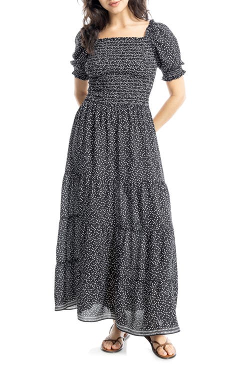 Vestido largo con capas fruncidas y manga corta