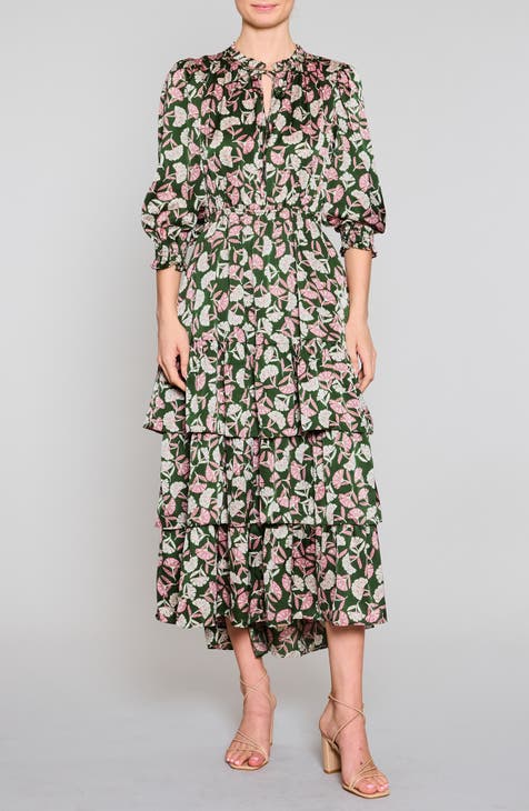 Vestido midi escalonado con mangas abullonadas