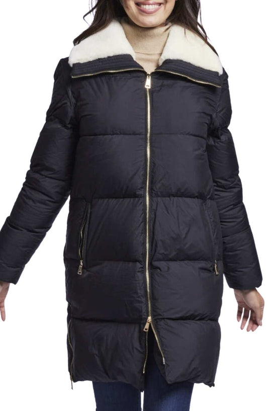 Water Resistant 700 Fill Power Down Coat with Genuine Shearling Trim