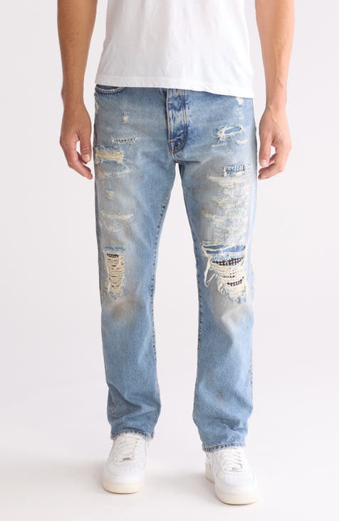 P011 Jeans de pierna recta (desgastados y con tachuelas)