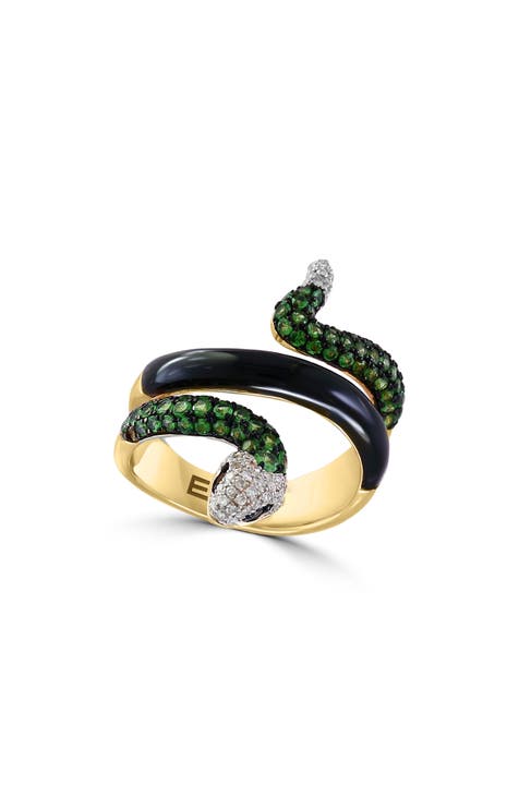 Anillo en espiral de serpiente de oro de 14 quilates con diamantes y tsavorita