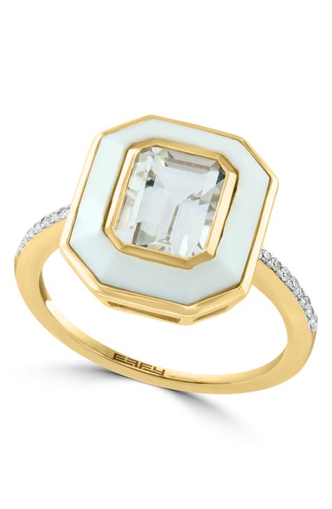 Anillo de oro amarillo de 14 quilates con diamantes, topacio blanco y ágata