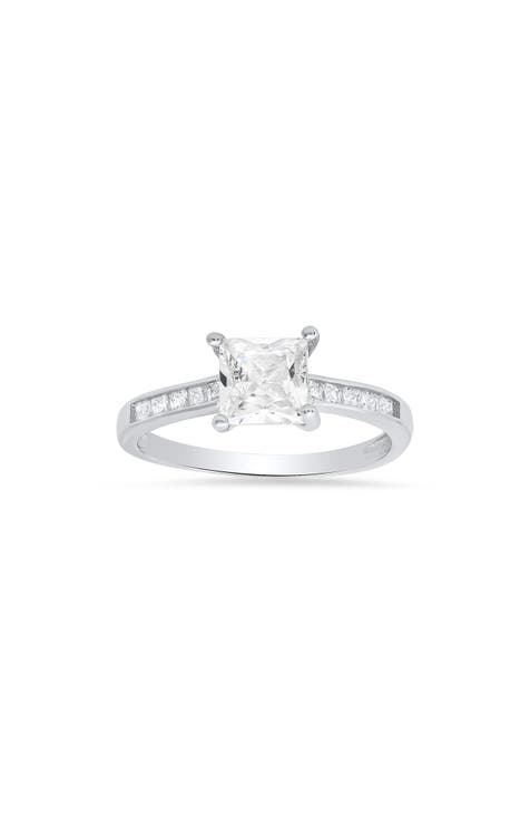 Anillo solitario de plata de ley con circonita cúbica talla princesa