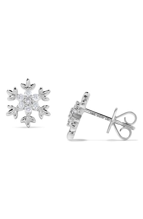 14K White Gold Diamond Snowflake Stud Earrings