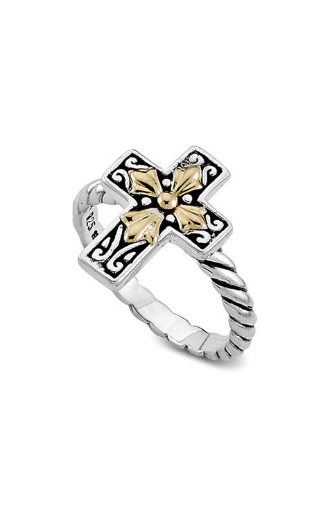 Anillo en forma de cruz de plata de ley y oro amarillo de 18 quilates