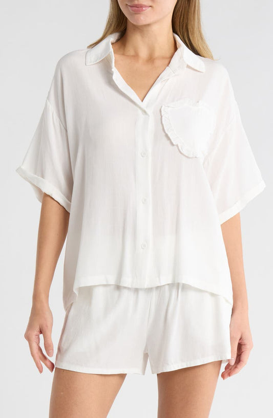 Heart Patch Cabana Button-Up Shirt & Shorts Cover-Up Set