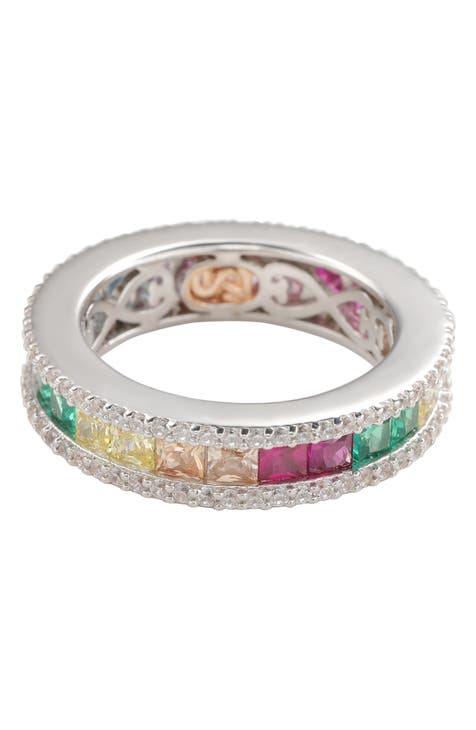 Anillo de plata de ley con circonita talla princesa arco iris